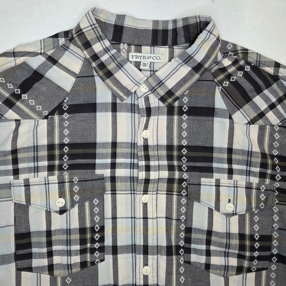 Frye And Co Mens Western Button Down Shirt Size 3XLT Ivory/Black Plaid Pockets